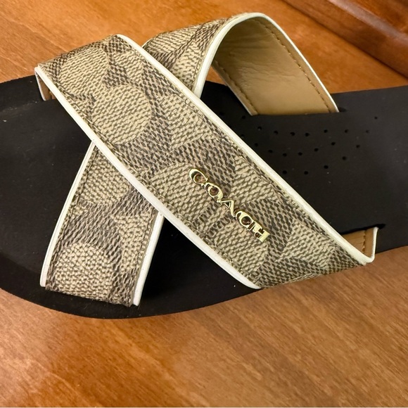 Coach Women's Janine cris cross gold logo slide sandals brown and cream size 6 - Picture 3 of 12